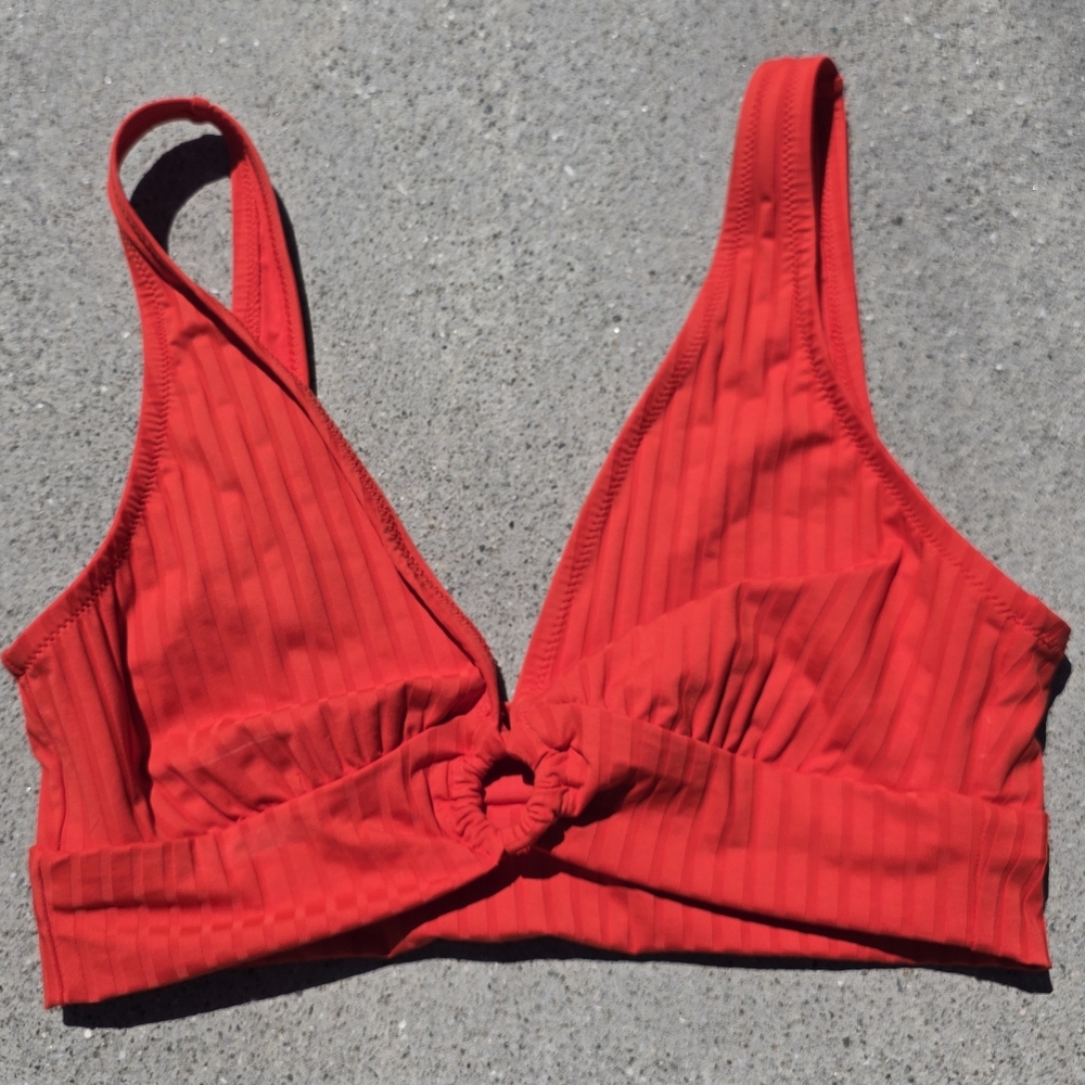 aerie Bright Red Ribbed Knot-Front Bralette